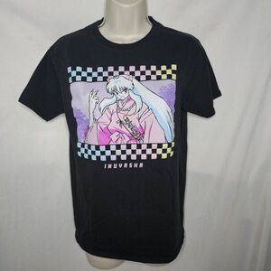 Womens InuYasha Pastel Checkered Boyfriend Fit Black Graphic Shirt Cotton Size S